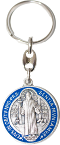 Porte-clés médaille de Saint Benoît métal émaillé couleur bleu / argenté