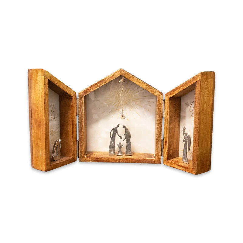 Tryptic rising star nativity scene in wood and pewter